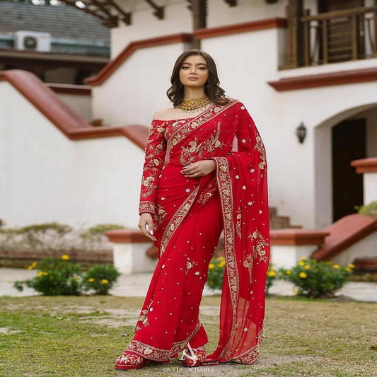 Fashionkiya Fency Embrodred Red Color Saree