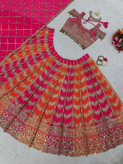 Fashionkiya Pink And Orange Faux Georgette Designer Wedding Wear Lehenga Set For Women's Or Girls