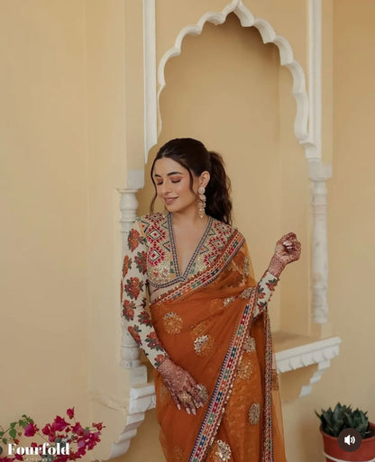 Fashionkiya NEW SUPERHIT DESIGN ON NET FABRIC WITH HEAVY EMBROIDERY & FANCY LACE WORK SAREE WITH STITCH BLOUSE