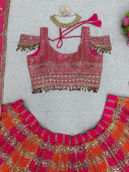 Fashionkiya Pink And Orange Faux Georgette Designer Wedding Wear Lehenga Set For Women's Or Girls