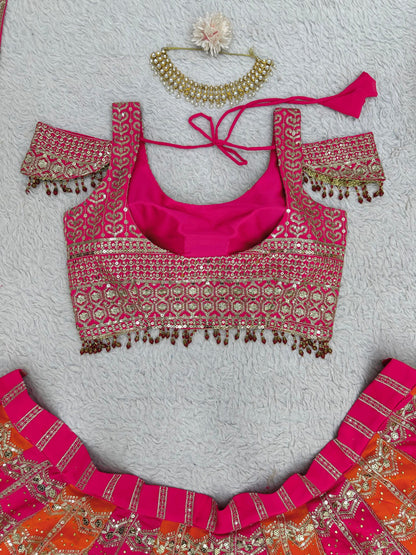 Fashionkiya Pink And Orange Faux Georgette Designer Wedding Wear Lehenga Set For Women's Or Girls