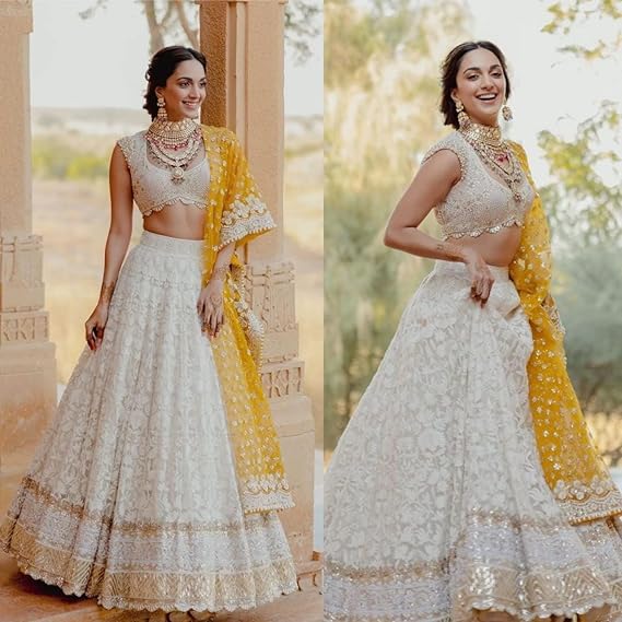 Fashionkiya Women's Georgette Semi-Stitched Lehenga Choli White Wedding Bridal