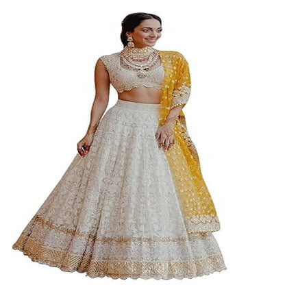 Fashionkiya Women's Georgette Semi-Stitched Lehenga Choli White Wedding Bridal