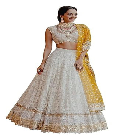 Fashionkiya Women's Georgette Semi-Stitched Lehenga Choli White Wedding Bridal