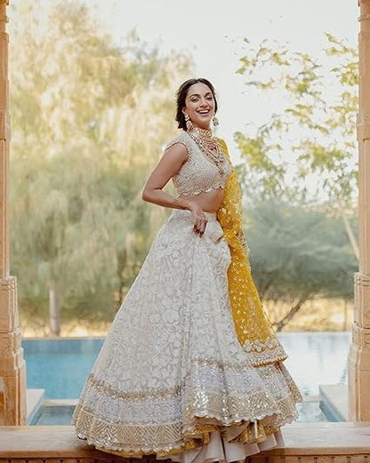 Fashionkiya Women's Georgette Semi-Stitched Lehenga Choli White Wedding Bridal