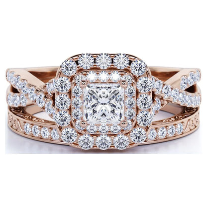 1.25 ct - Square Moissanite - Double Halo - Twisted Band - Vintage Inspired - Pave - Wedding Ring Set in 18K Rose Gold over Silver