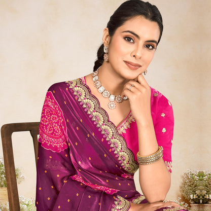 Fashionkiya Wine Printed Chiffon-Satin Bandhani Print Saree With Foil Print And Embroidery Cut Work