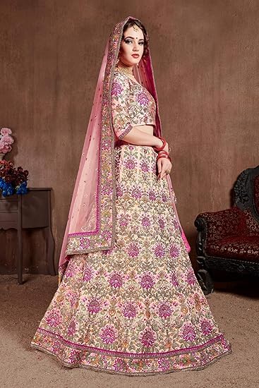 Fashionkiya Women's Silk Semi stitched Lehenga Choli Wedding-Bridal-Latest-Lehenga-Choli_Peach_Free Size)