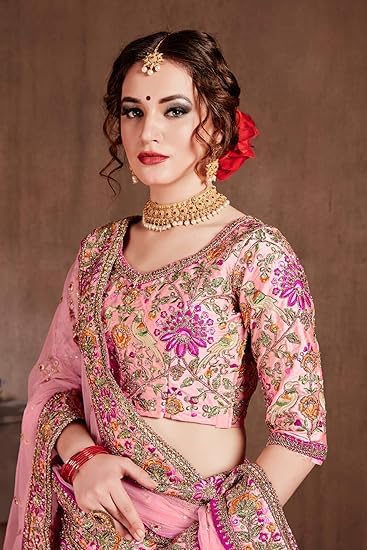 Fashionkiya Women's Silk Semi stitched Lehenga Choli Wedding-Bridal-Latest-Lehenga-Choli_Peach_Free Size)