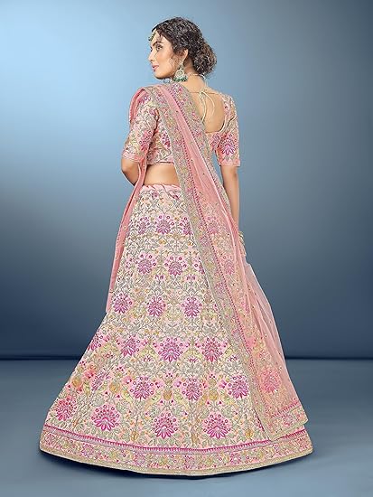 Fashionkiya Women's Silk Semi stitched Lehenga Choli Wedding-Bridal-Latest-Lehenga-Choli_Peach_Free Size)