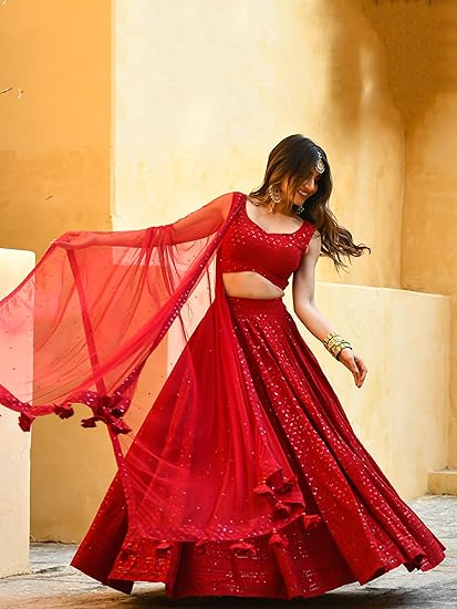 Women's Sequins Thread Embroidered Georgette Semi Stitched Lehenga Choli With Dupatta