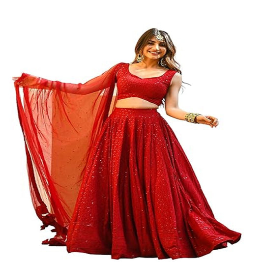 Women's Sequins Thread Embroidered Georgette Semi Stitched Lehenga Choli With Dupatta