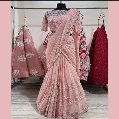 Fashionkiya Soft Net Saree with Blouse in Thread Sequence and Pearl Work Indian Outfit For Women