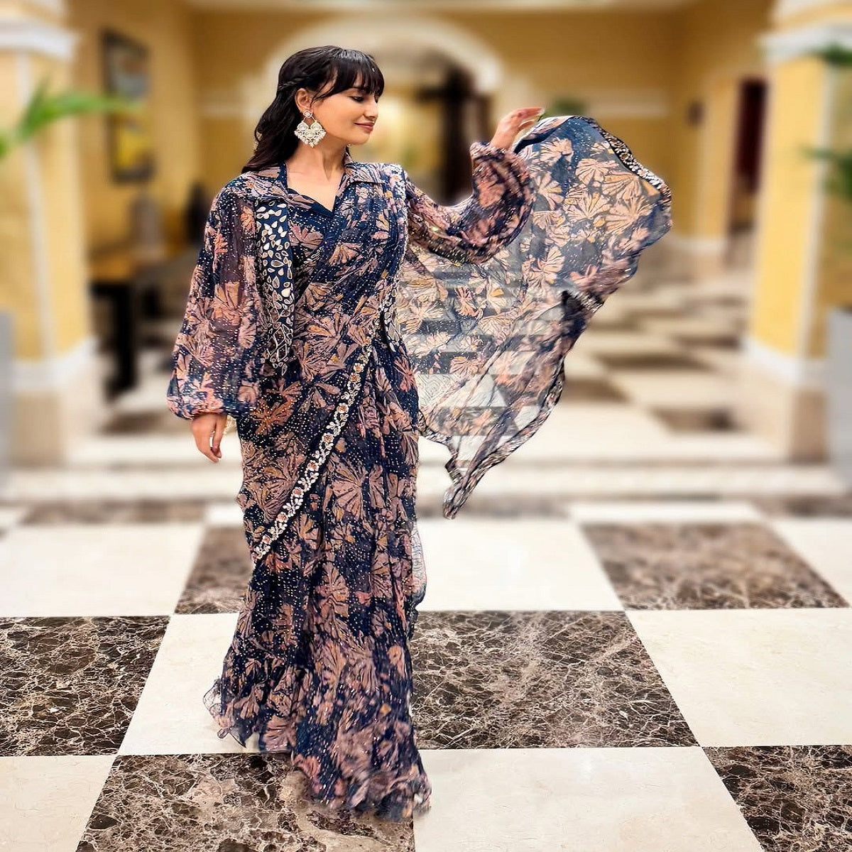 Fashionkiya INDO-WESTERN READY TO WEAR SAREE WITH FULLY EMBROIDERED MIRROR WORK KOTI ON  PRINTED GEORGETTE FABRIC WITH STITCH BLOUSE