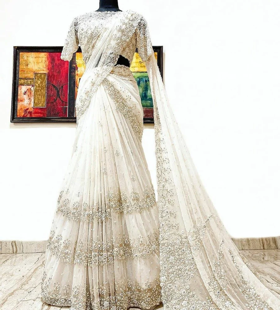 Fashionkiya Soft Net Saree with Blouse in Thread Sequence and Pearl Work Indian Outfit For Women