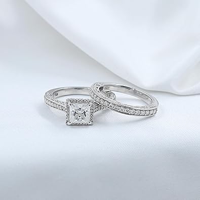 2 CT Princess Cut Lab Created Moissanite Diamond Halo Engagement Wedding Ring Set For Women In 14K Gold Over Sterling Silver (VVS1 Clarity, 2Cttw)