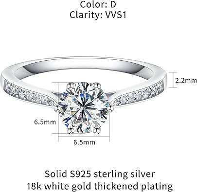 Moissanite Engagement Rings for Women, D Color VVS1 Clarity Diamond Ring, 18K White Gold Plated 925 Sterling Silver, Wedding Promise Rings for Her