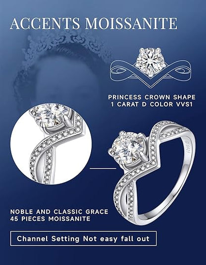 fashionkiya Promise Rings for Her, 1Carat Moissanite Engagement Ring, D Color VVS1 Simulated Diamond 925 Sterling Silver Halo Rings