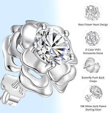 Moissanite Earrings for Women,Flower Earrings D Color VVS1 Moissanite S925 Sterling Silver Flower Stud Earrings for Women