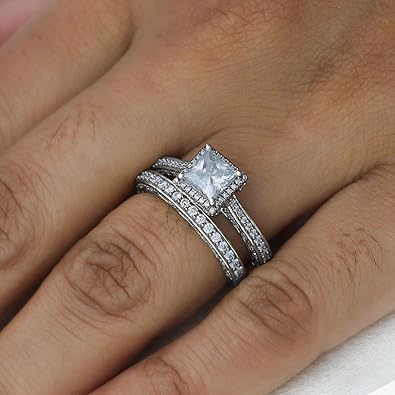 2 CT Princess Cut Lab Created Moissanite Diamond Halo Engagement Wedding Ring Set For Women In 14K Gold Over Sterling Silver (VVS1 Clarity, 2Cttw)