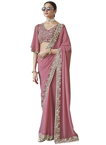 Fashionkiya Women's Georgette Lakhanvi Embroidery work Saree with Blouse Piece