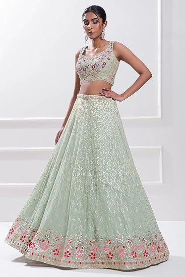 Fashionkiya Women's Embroidery Sequence Work Semi-Stitched Bridal Lehenga Choli with Dupatta For Women(New-Bridal-Latest-Wedding-Lehenga-Free size)