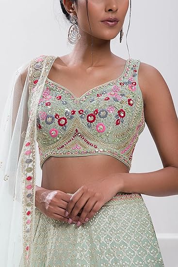 Fashionkiya Women's Embroidery Sequence Work Semi-Stitched Bridal Lehenga Choli with Dupatta For Women(New-Bridal-Latest-Wedding-Lehenga-Free size)