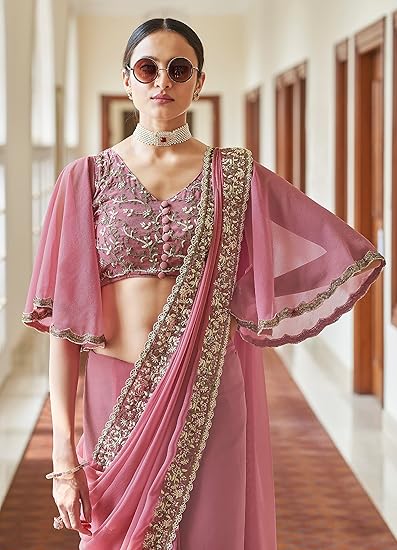 Fashionkiya Women's Georgette Lakhanvi Embroidery work Saree with Blouse Piece