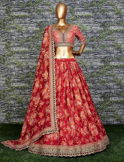 Fashinkiya Women's Organza Semi-stitched Lehenga Choli Maroon_Free Size