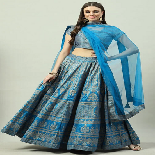 Fashionkiya Turquoise Art Silk Straight Kurta Lehenga Suit Set