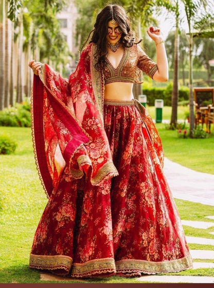 Fashinkiya Women's Organza Semi-stitched Lehenga Choli Maroon_Free Size