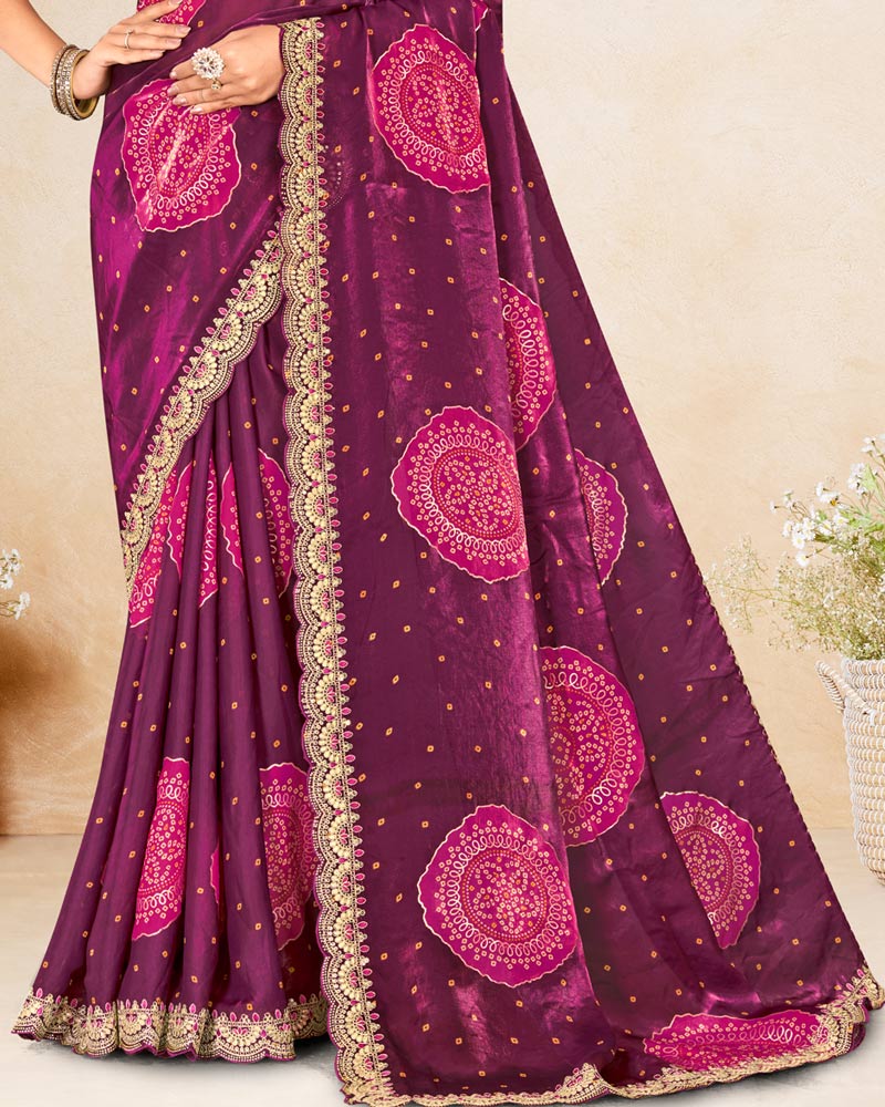 Fashionkiya Wine Printed Chiffon-Satin Bandhani Print Saree With Foil Print And Embroidery Cut Work