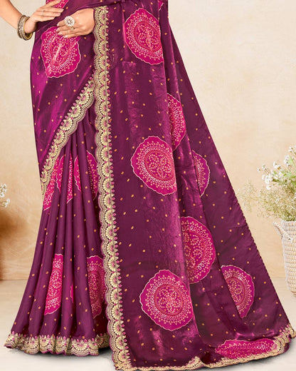 Fashionkiya Wine Printed Chiffon-Satin Bandhani Print Saree With Foil Print And Embroidery Cut Work