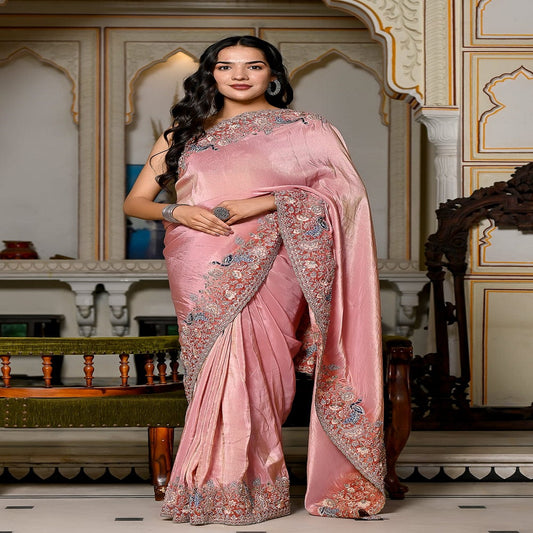 FASHIONKIYA Pink Silk Saree EMBRODRD WORK