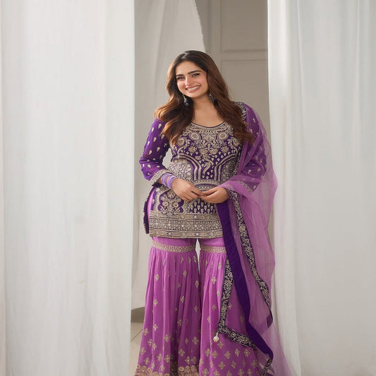 FESTIVAL SPECIAL SHARARA SUIT WITH DUPATTA & PLAZZO 🥻THREE PIECE EMBROIDERED SUIT ON GEORGETTE FABRIC WITH HEAVY WORK