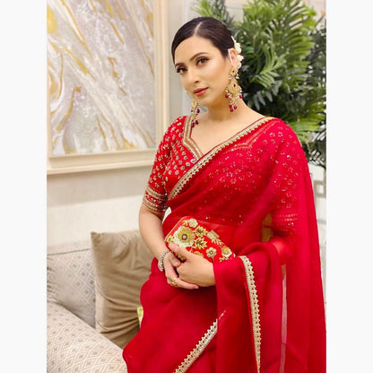 beautiful Designer Saree on Havy Organza Silk Febric with Thred & Sequnce work and Blouse on Mono Benglori Silk With Thred & Sequnce work.