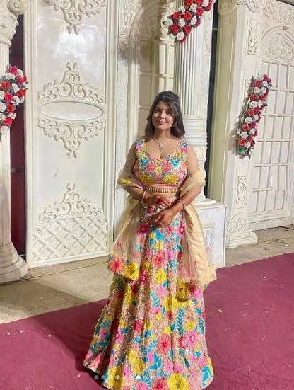 Wedding Wear Heavy Multi Color Georgette Thread Work Lehenga Choli