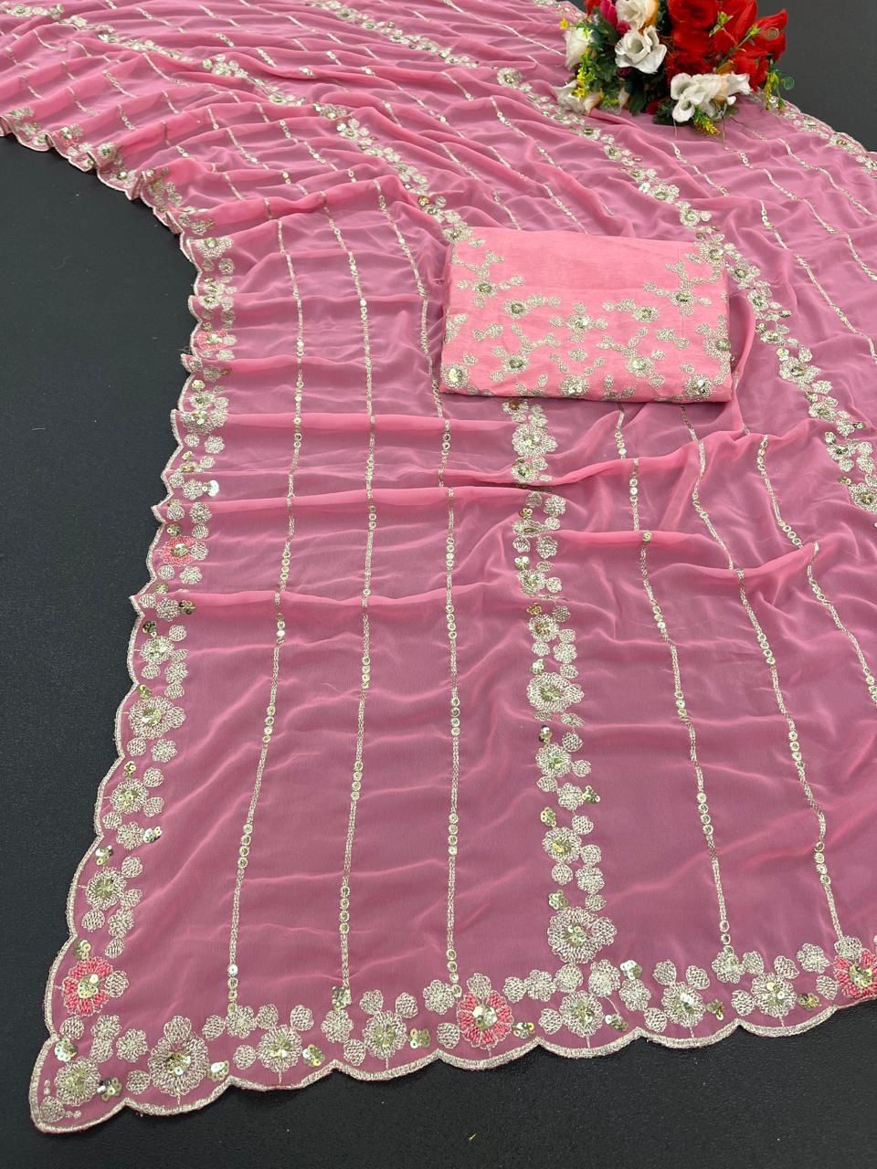 Fashionkiy new fency embrodred siqwamce and therd work saree