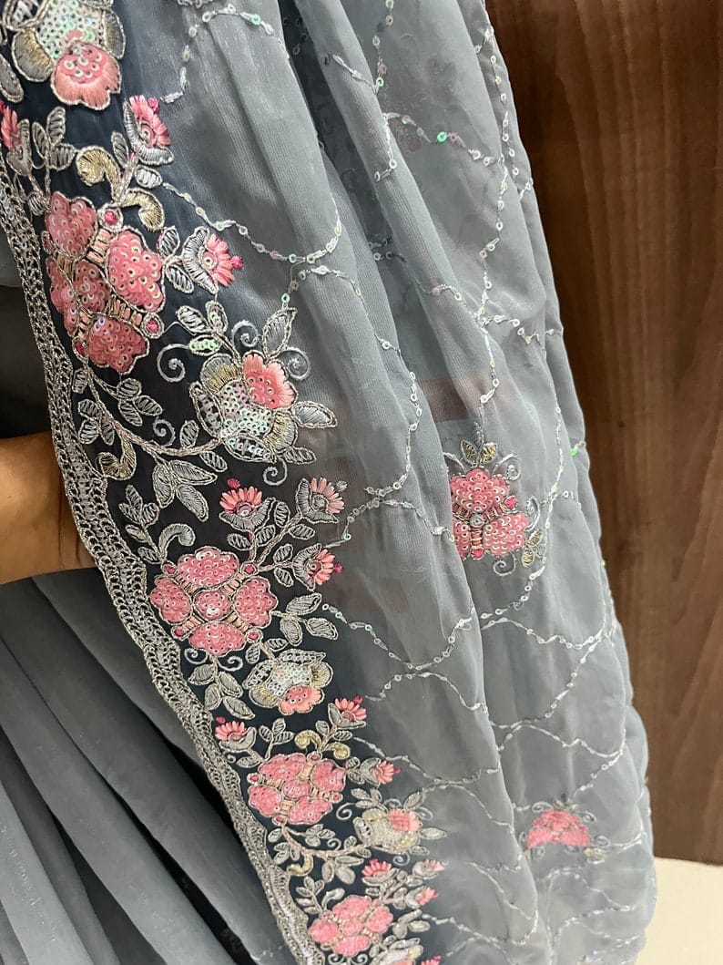 BeautiFashionkiya ful light grey shimmer georgette saree with thread and sequins work and running blouse piece