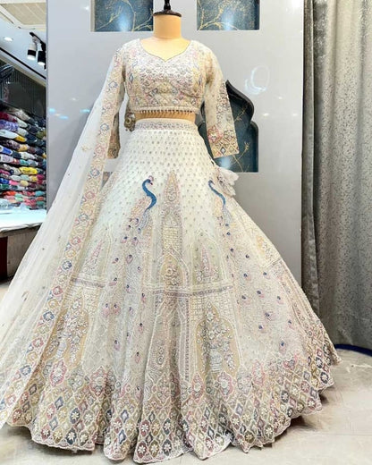 Fashionkiya White Color Soft Net Sequence Work Lehenga Choli