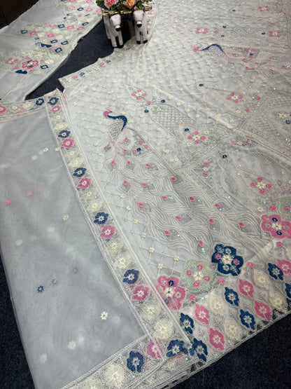 Fashionkiya White Color Soft Net Sequence Work Lehenga Choli