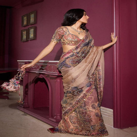 Fashoionkiya HEAVY SOFT GEORGETTE FABRIC ON BEAUTIFUL DIGITAL PRINT WITH HANDWORK MIRROR, ZARI & SEQUENCES WORK WITH READY 9 MM LACE BORDER ON SAREE