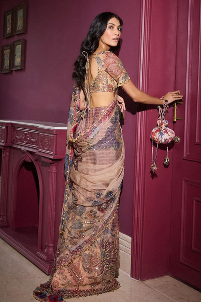 Fashoionkiya HEAVY SOFT GEORGETTE FABRIC ON BEAUTIFUL DIGITAL PRINT WITH HANDWORK MIRROR, ZARI & SEQUENCES WORK WITH READY 9 MM LACE BORDER ON SAREE