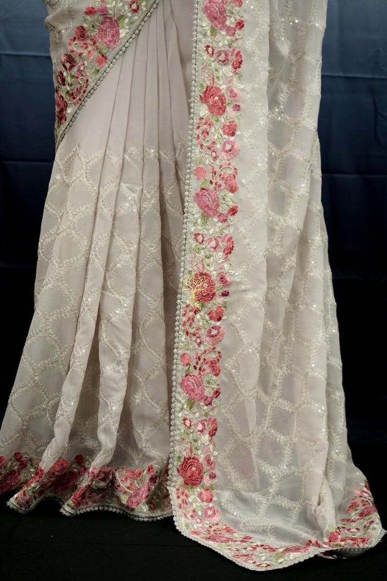 soft georgette saree with beautiful Chikankari work allover with sequence