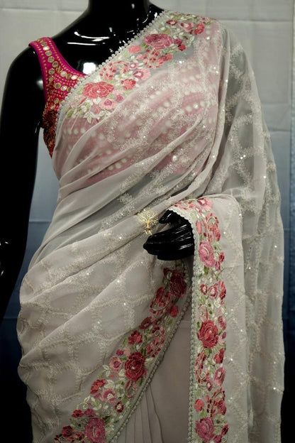 soft georgette saree with beautiful Chikankari work allover with sequence
