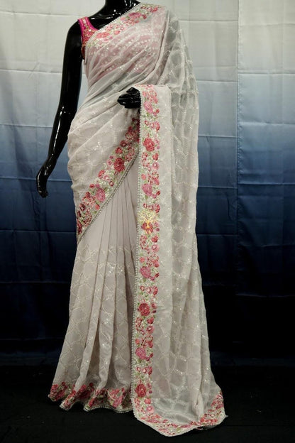 soft georgette saree with beautiful Chikankari work allover with sequence