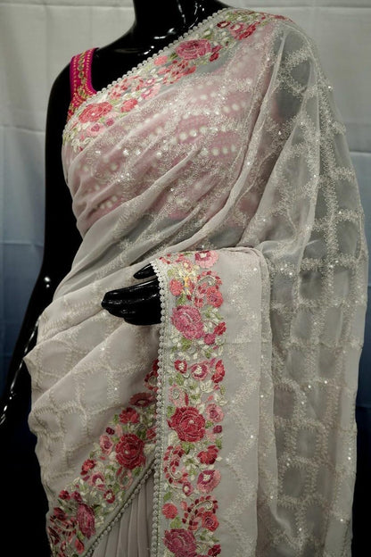 soft georgette saree with beautiful Chikankari work allover with sequence