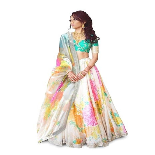 Women's Organza Semi Stitched Lehenga Choli (Wedding Cream_Free Size)