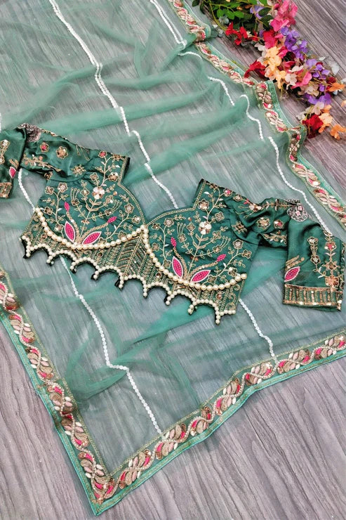 Fashionkiya Party Wear Pista Colour Saree With Diamond Work Border