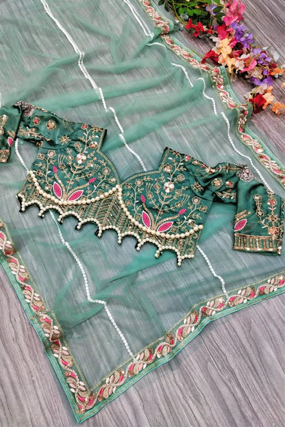 Fashionkiya Party Wear Pista Colour Saree With Diamond Work Border